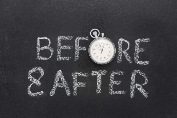 Before and After with a stopwatch as the o in before.