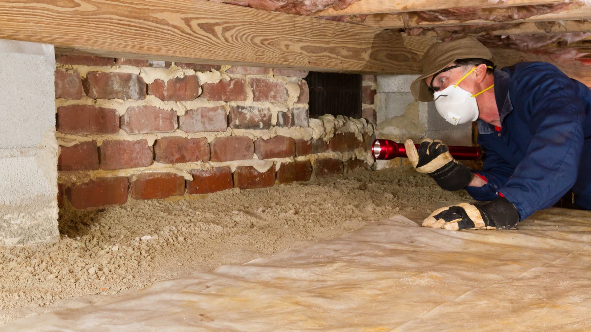 A man cleaning a crawlspace.