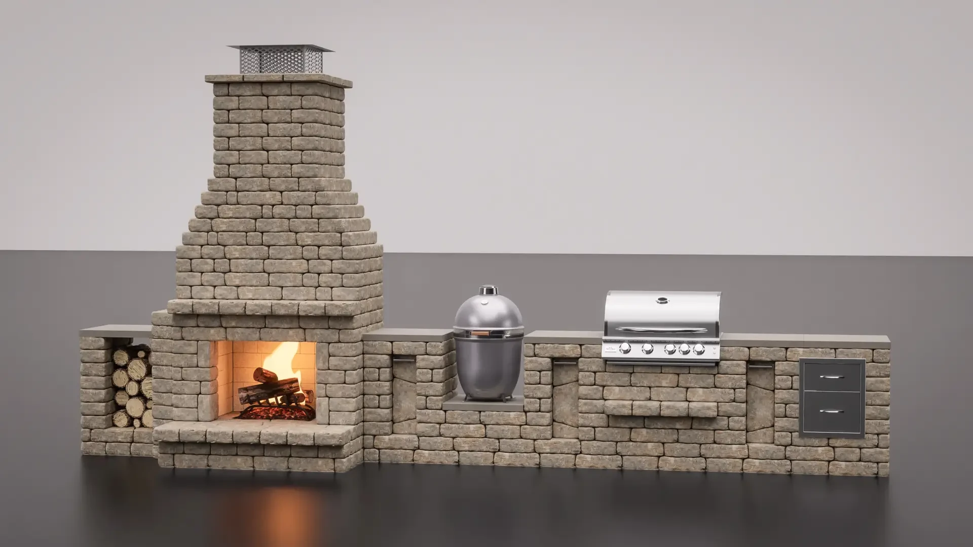 A grill island with pizza oven, fridge, and more.